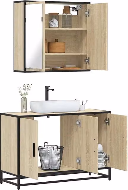 Set Mobili da Bagno Industrial vidaXL in Legno e Metallo Beige con Mobile Lavabo e Armadietto Specchio a Parete