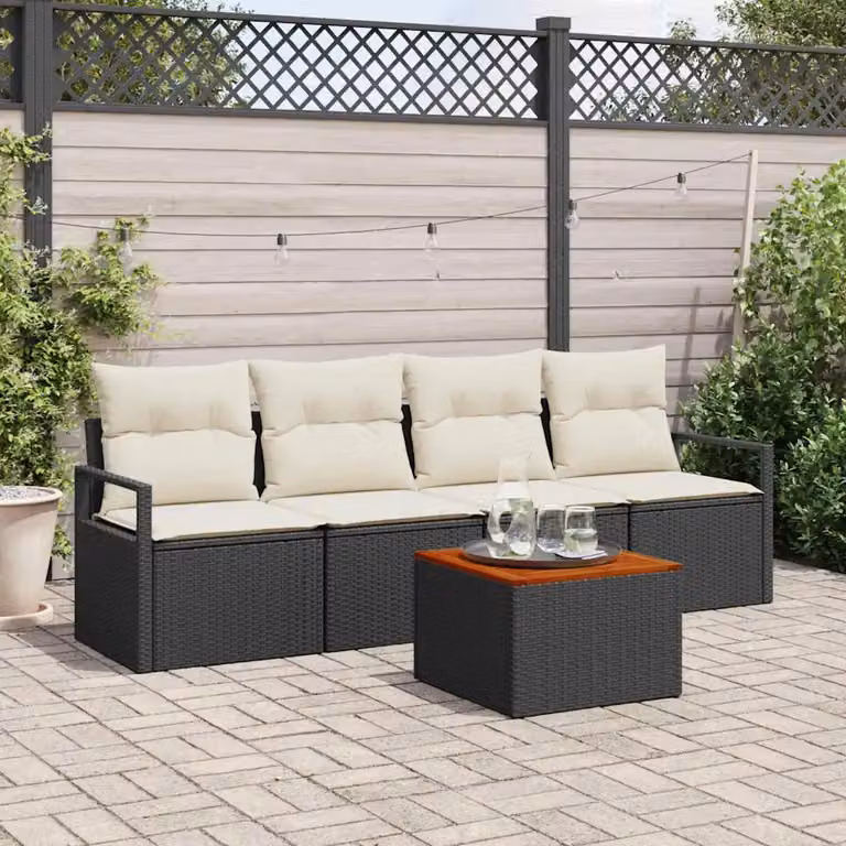 Set Divano da Giardino Moderno vidaXL 5 Pezzi Nero con Cuscini e Tavolino in Polyrattan e Acciaio