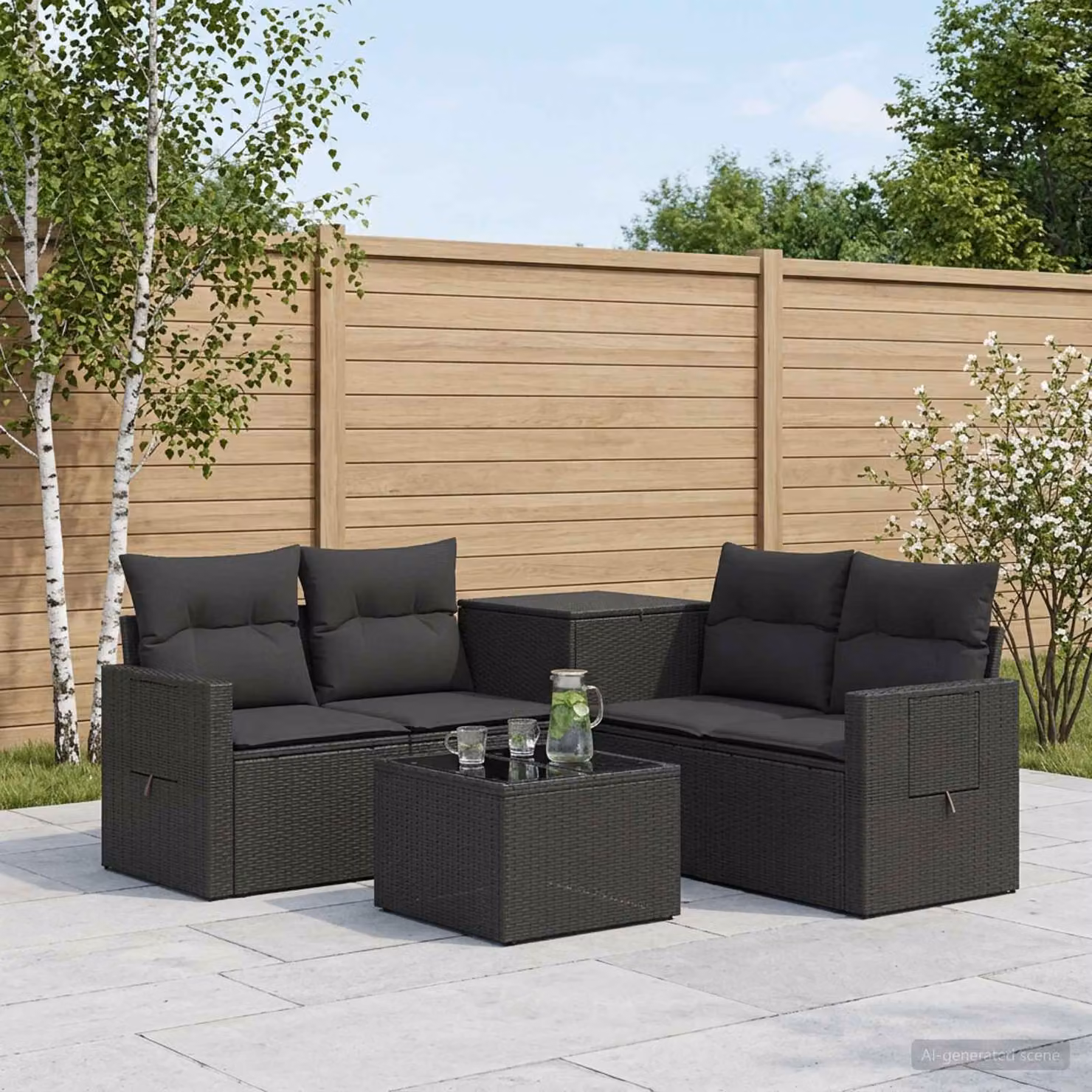 Set di divani da giardino vidaXL a forma di L composto da 6 pezzi in rattan sintetico e metallo nero con cuscini inclusi