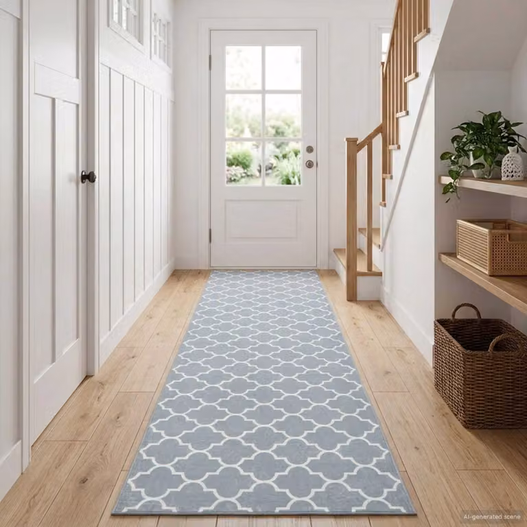 Tappeto Runner vidaXL ORIZ con design geometrico moderno in poliestere, Grigio e Bianco, L: 350 cm, P: 80 cm
