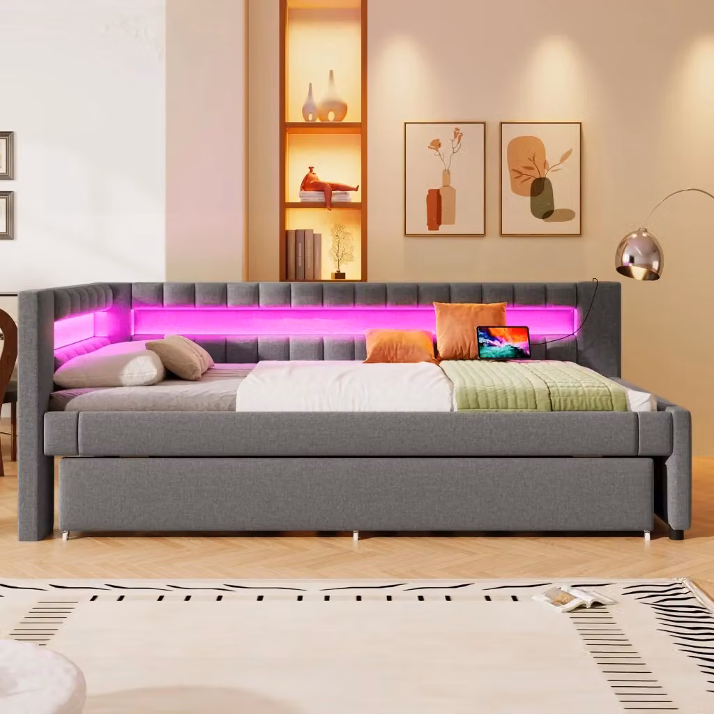 Letto singolo estraibile moderno in lino grigio con illuminazione LED e porte di ricarica USB e Type-C, L/P/H: 90 x 200 x 110 cm – 2