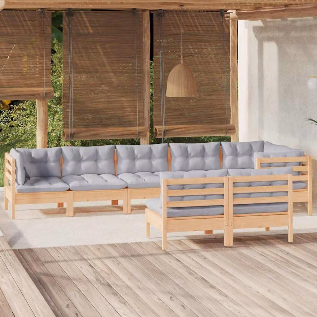 vidaXL Set Divani da Giardino 8 pz a Forma a L in Legno di Pino con Cuscini Grigi