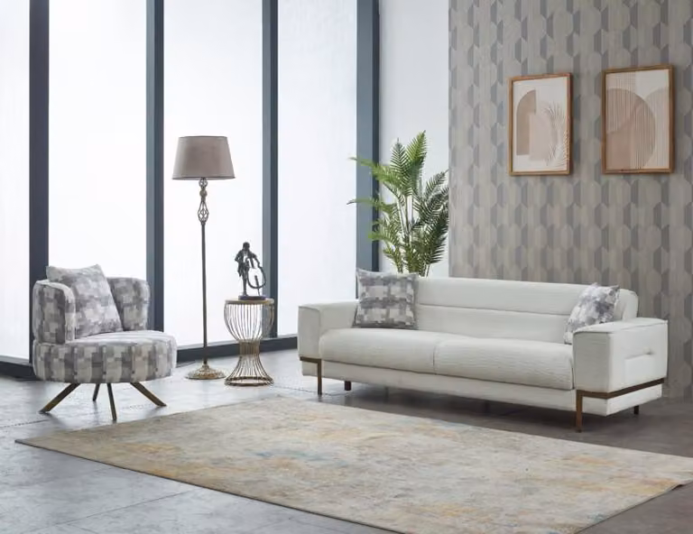 Sofagarnitur Dreisitzer Sofa Stoffsofa Polstersofa Weiß Sessel 2tlg
