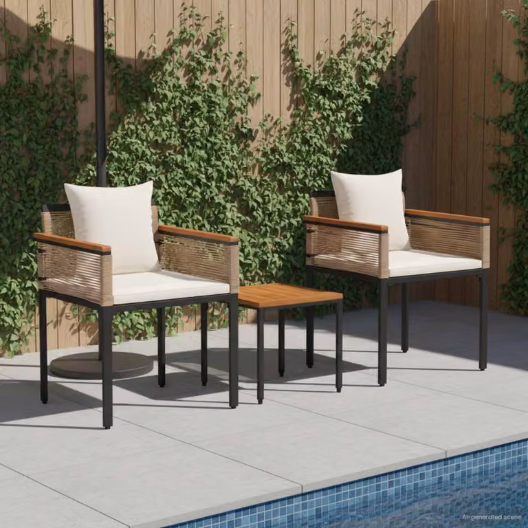 Set di mobili da esterno vidaXL in rattan e metallo con cuscini, beige e bianco crema, 3 pezzi