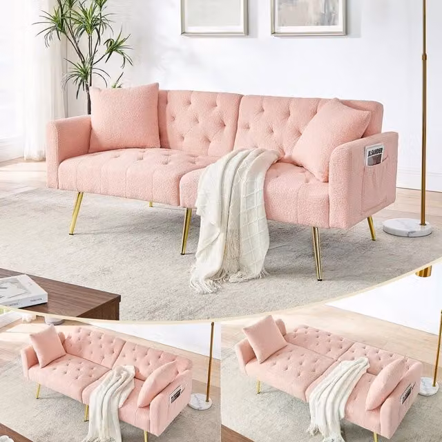Divano 2 posti in boucl¨¦ teddy ¨C Minimal ¨C rosa, gambe in metallo, con 2 cuscini, schienale regolabile