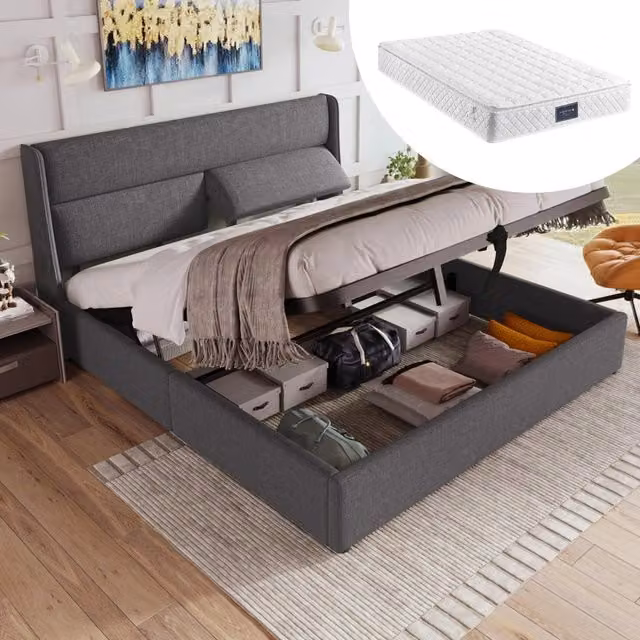 Letto matrimoniale imbottito 160x200 cm con contenitore; testiera regolabile e materasso; grigio