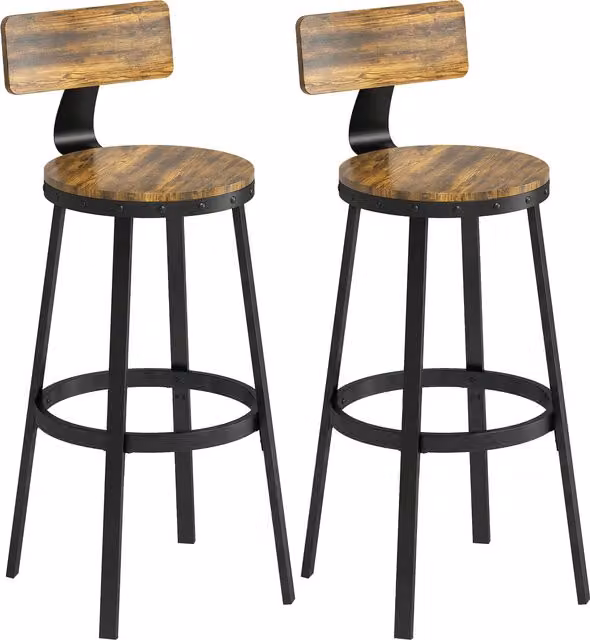 Set di 2 sgabelli da bar HOMCOM in stile rustico con poggiapiedi, in legno e metallo, Marrone, L/P/H: 37 x 47 x 96 cm – 1