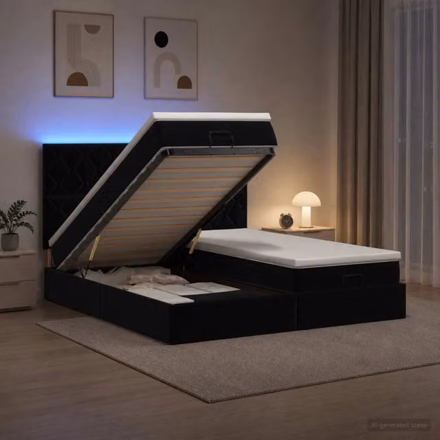 Letto Ottomano Moderno vidaXL in Velluto con Materasso Ibrido, Illuminazione LED Sotto il Letto e Porte USB, L/P/H: 203 x 160 x 88 cm – 1