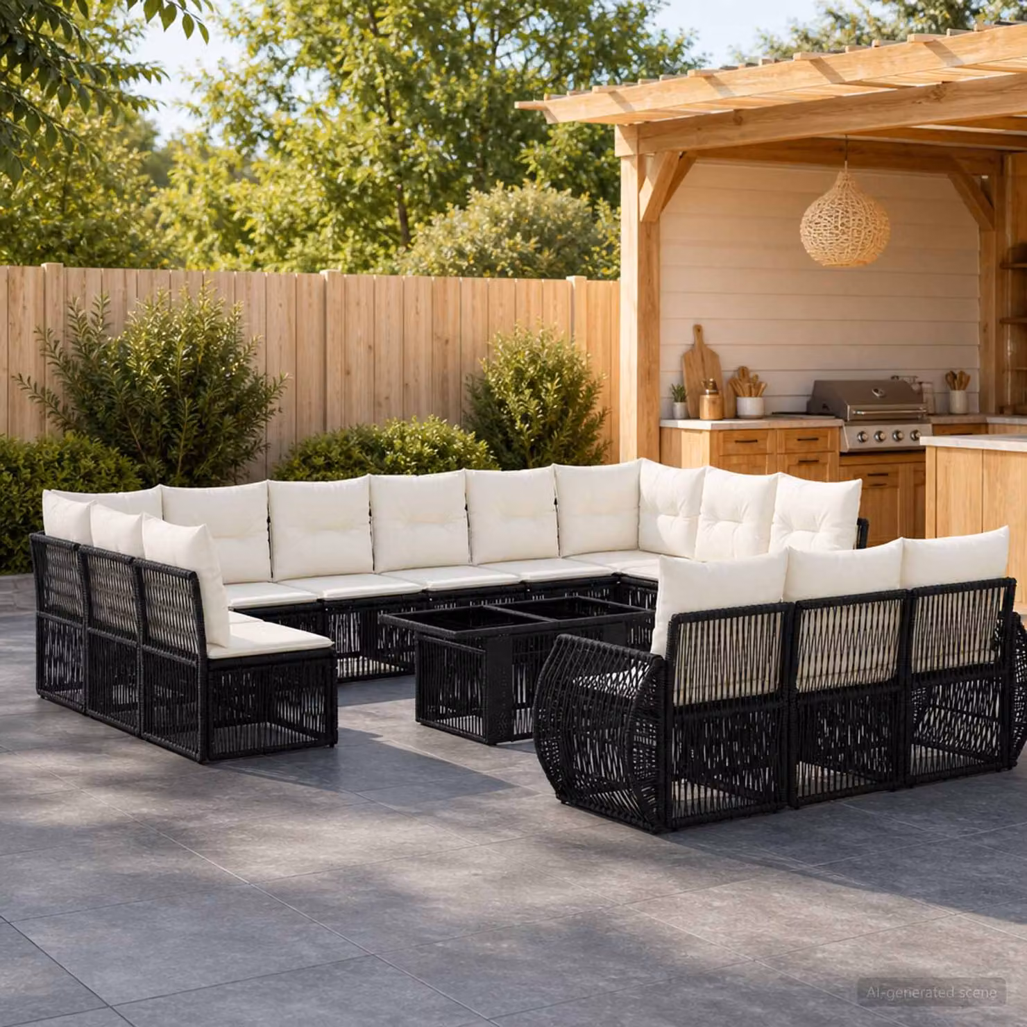 Set Divano da Giardino vidaXL 14 pz in Polyrattan Nero e Bianco Crema con Tavolino e Cuscini Imbottiti