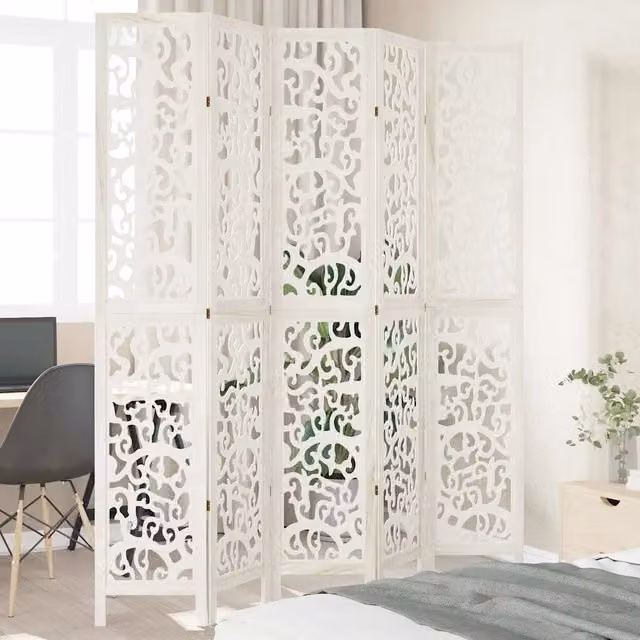 Divisorio Ambienti Paravento 5 Pannelli in Legno Massello di Paulownia Bianco Design Moderno Abstract H: 180 cm, L: 220 cm