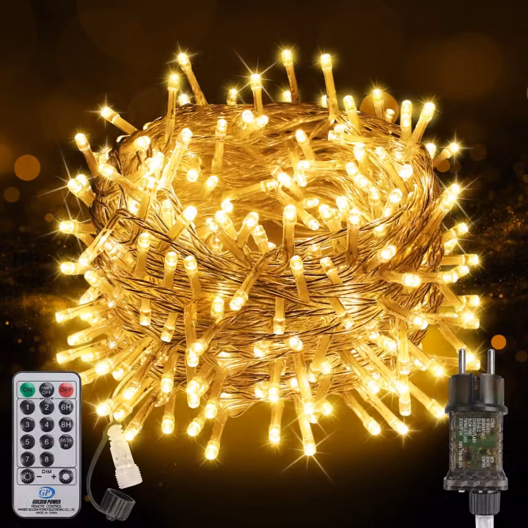 Catena luminosa da 20 metri, con 200 LED, luce bianco caldo, dimmerabile, grado di protezione IP65, 8 modalità