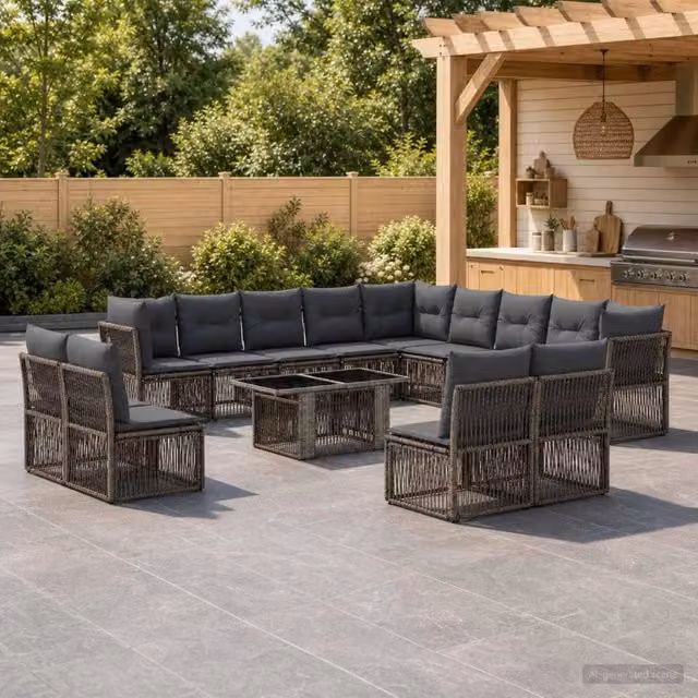 Set Divano da Giardino a Forma di U vidaXL in Polyrattan Nero e Grigio con Tavolino da Caffè in Vetro e Cuscini Inclusi – 1