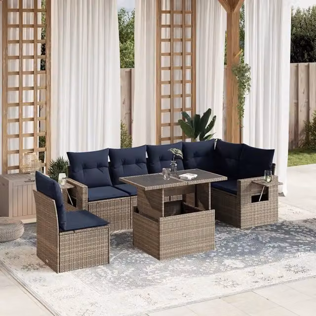 Set da giardino componibile vidaXL a forma di L con 7 pezzi, divani con cuscini grigi e tavolino da caffè in polyrattan e metallo