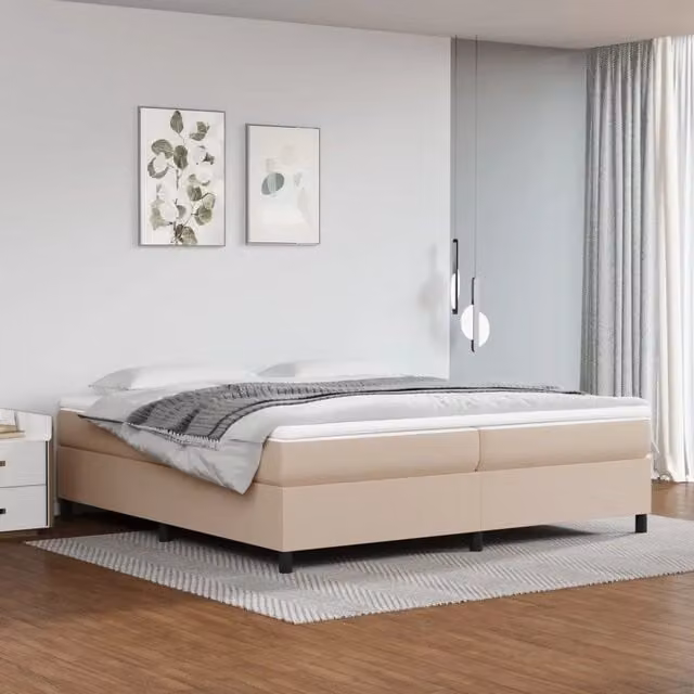 Struttura Letto a Rete a Molle e Giroletto in Similpelle Beige L/P: 200 x 200 cm