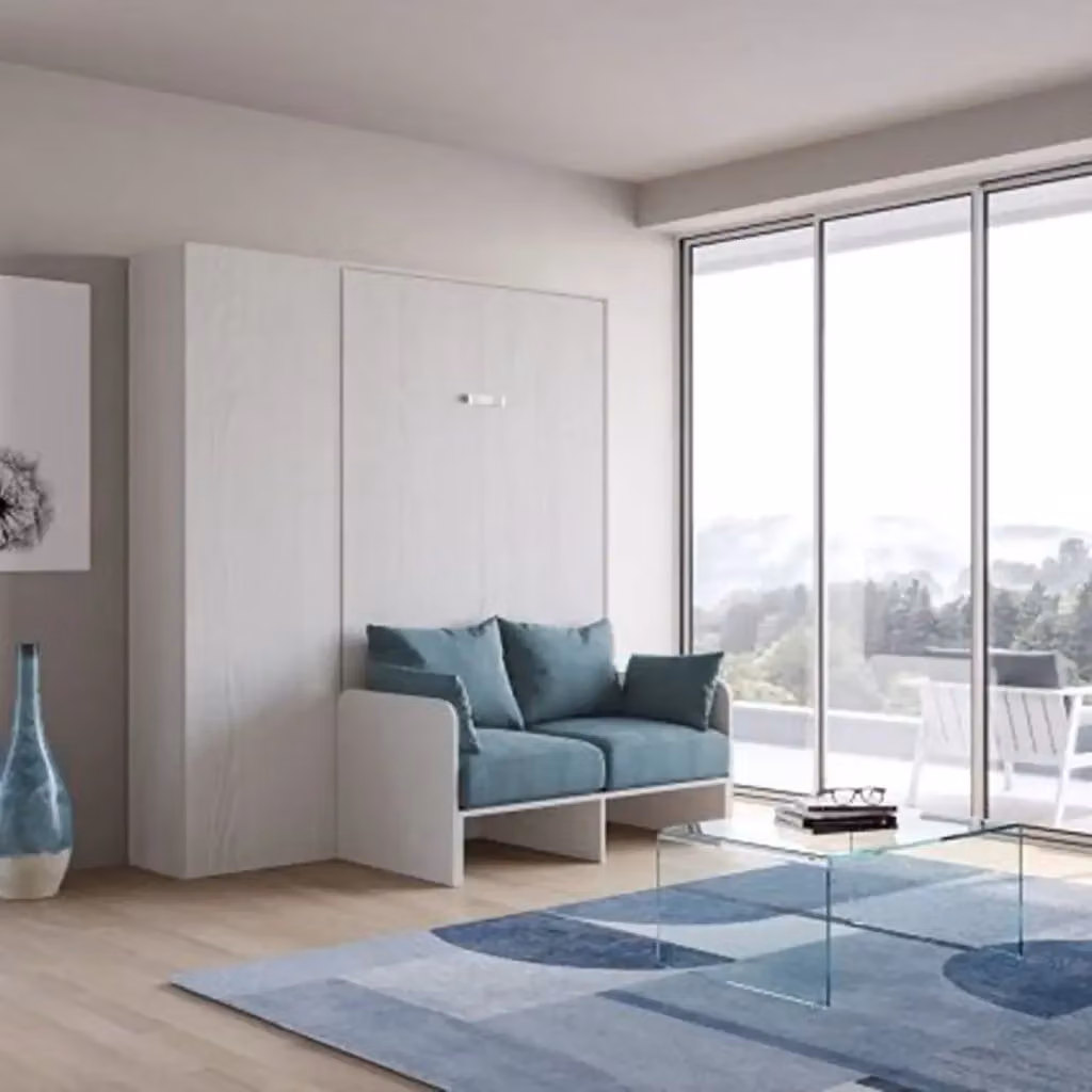 Letto matrimoniale a scomparsa Kentaro Kivio con divano e colonna, Bianco frassino e Azzurro, L/P: 140 x 190 cm – 2