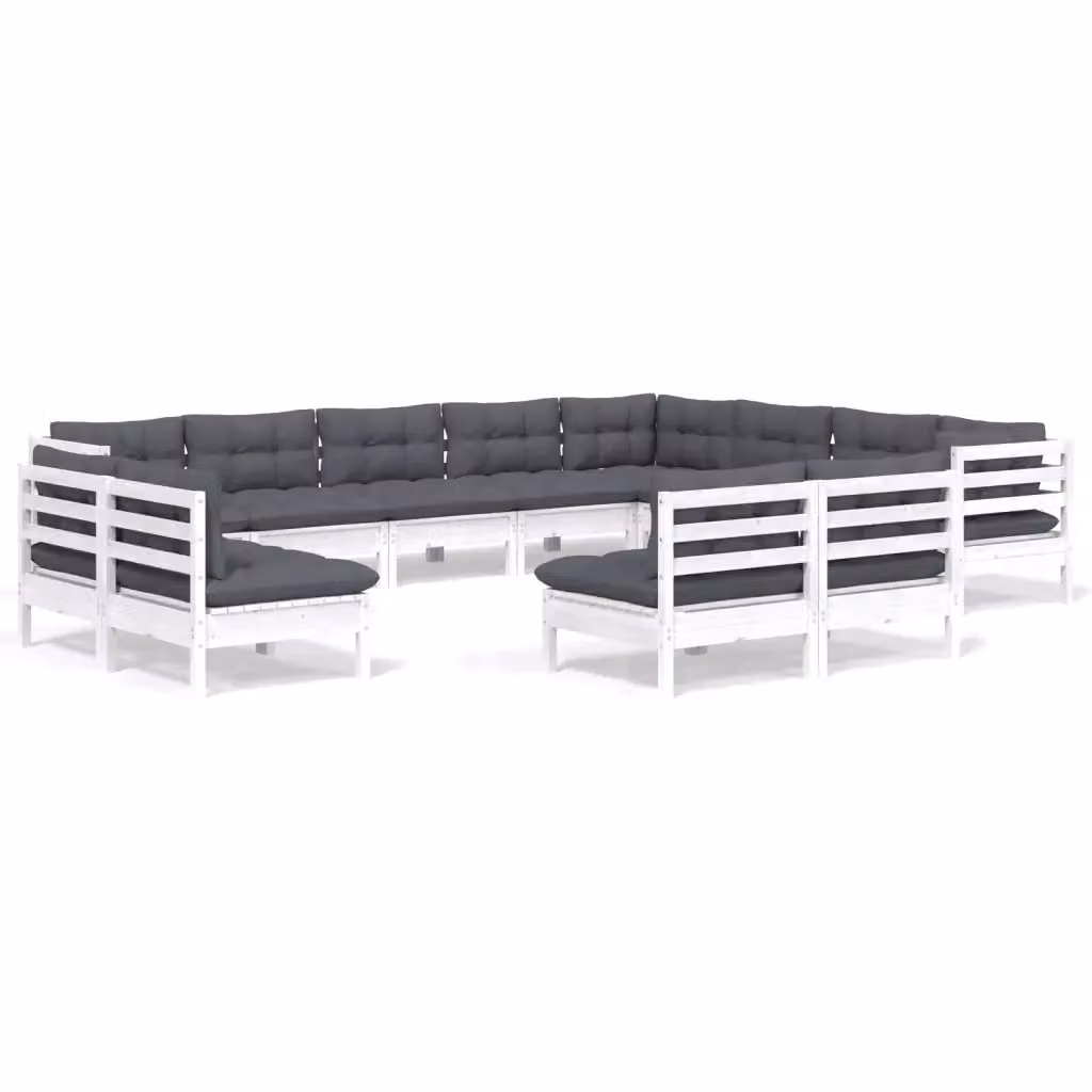 Set di Divani da Giardino a Forma di U vidaXL in Legno di Pino con Cuscini Bianchi e Antracite – 2