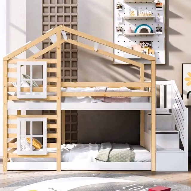 Letto a castello a forma di casa ULEVR 90x200 cm, scala laterale con vani contenitore, naturale e bianco