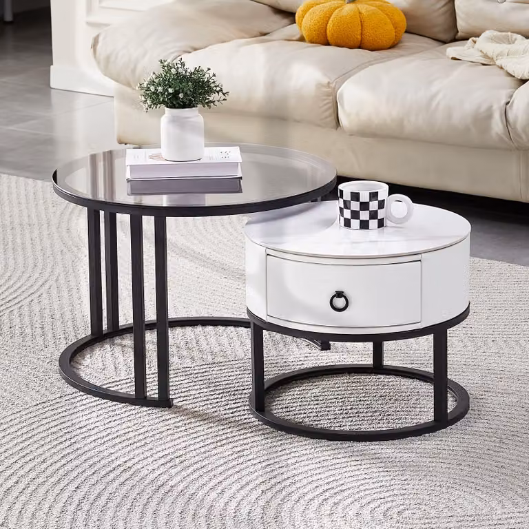 Set di tavolini da salotto - Tavolini da salotto - Tavolini ausiliari - Materiali: vetro e Vetroceramica effetto marmo, con spazio contenitivo