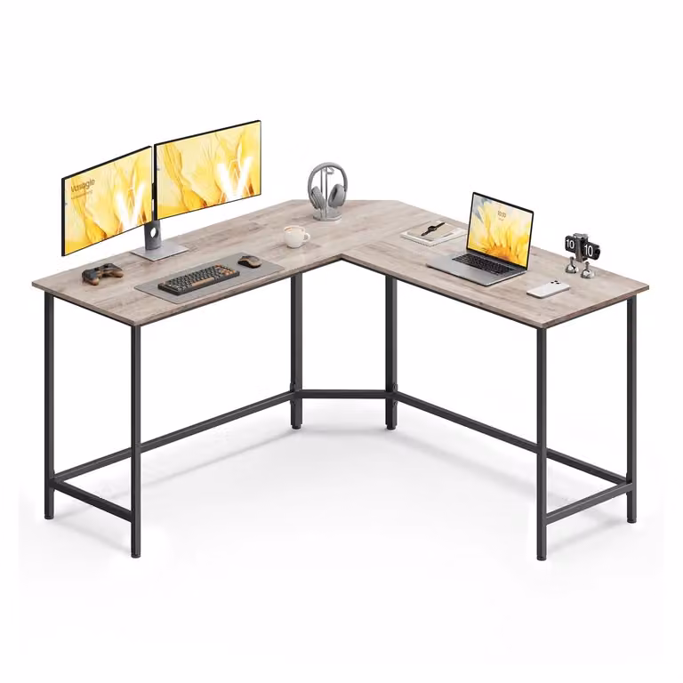 Scrivania per Computer a Forma L Greige e Nero, Greige + Nero