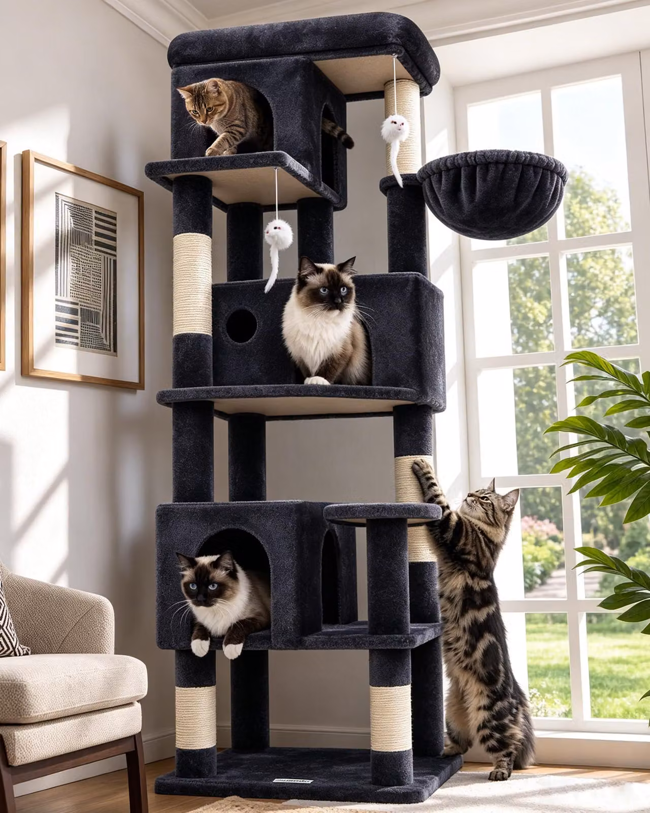 Albero per gatti, altezza 168 cm, con 3 rifugi per gatti, 5 pali per graffiare, piattaforma imbottita, adatto per 3-4 gatti