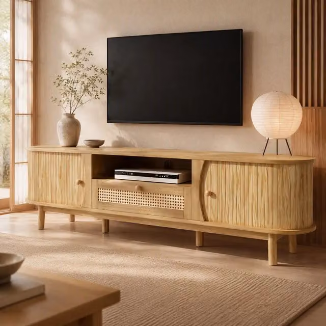 Mobile TV in MDF con ante scorrevoli, cassetti in rattan intrecciato e finitura naturale 165x37x46 cm