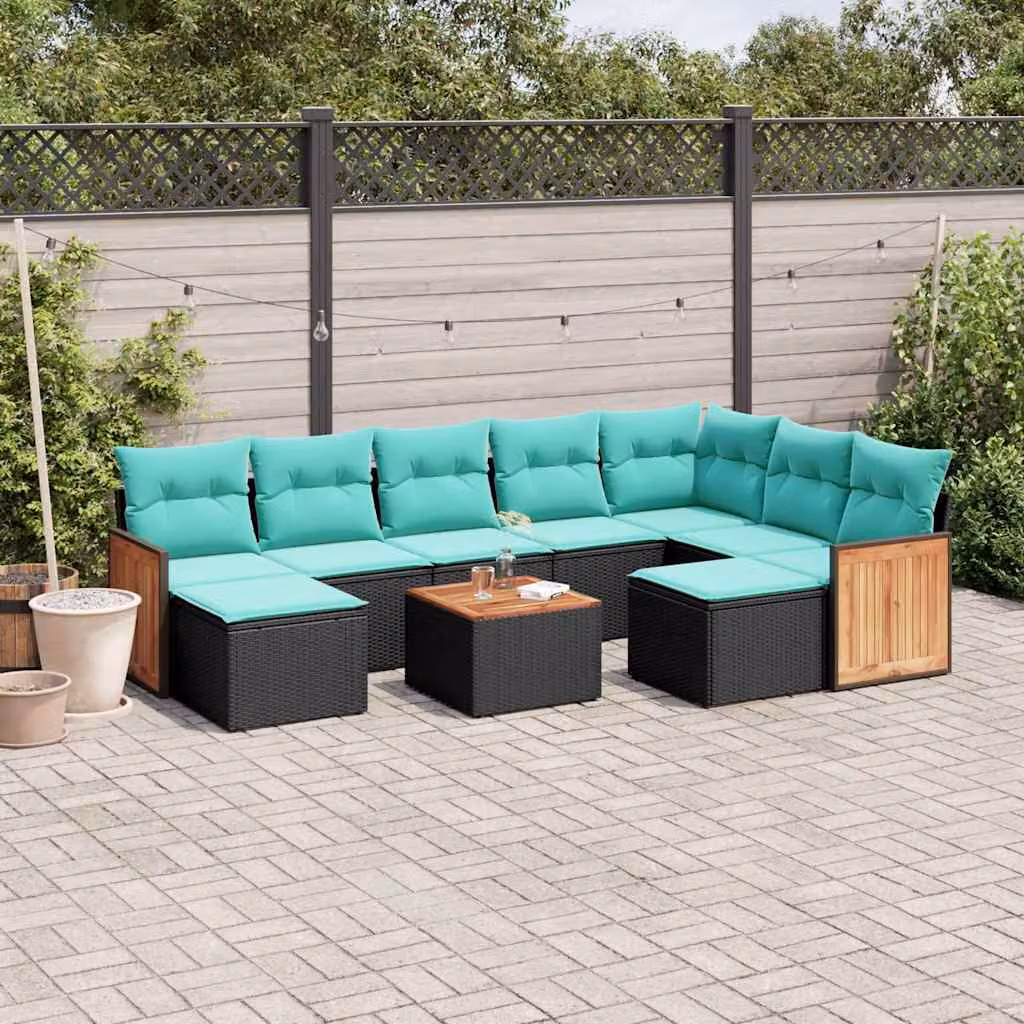 Set di divani da giardino vidaXL in polyrattan nero con cuscini e struttura in legno di acacia oliato per 10 persone