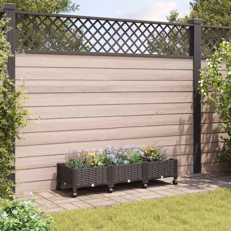 Vaso da giardino con ruote vidaXL marrone in plastica L: 120 cm, P: 40 cm, H: 29 cm