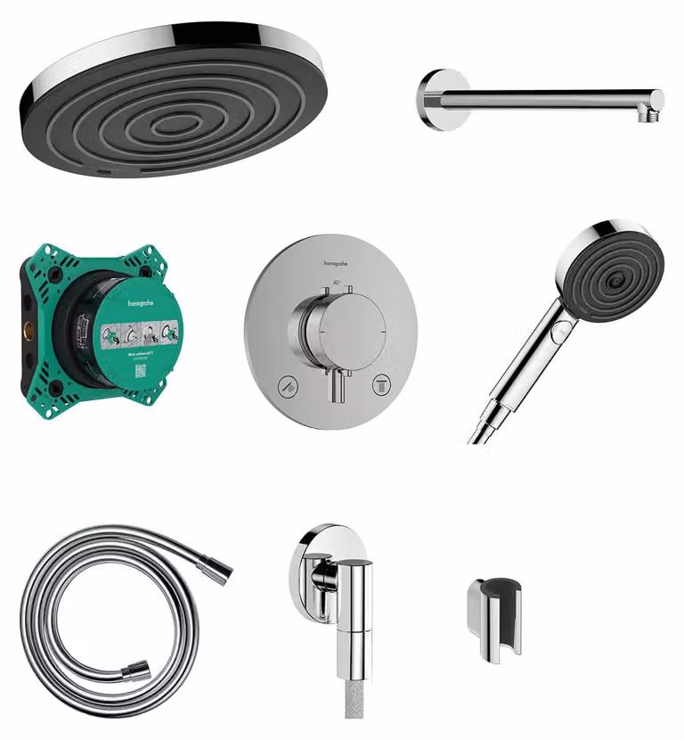 Set doccia da incasso con termostato, tecnologia EcoSmart, finitura cromata, diametro 260 mm