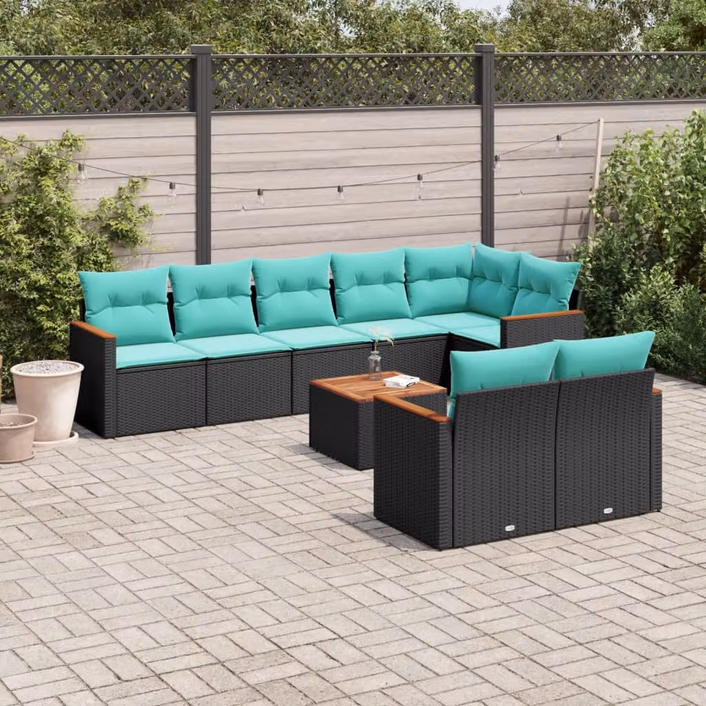 Set Divani da Giardino vidaXL 9 pz a Forma a U con Tavolino e Cuscini, Struttura in Metallo e Polyrattan, Colore Nero e Blu