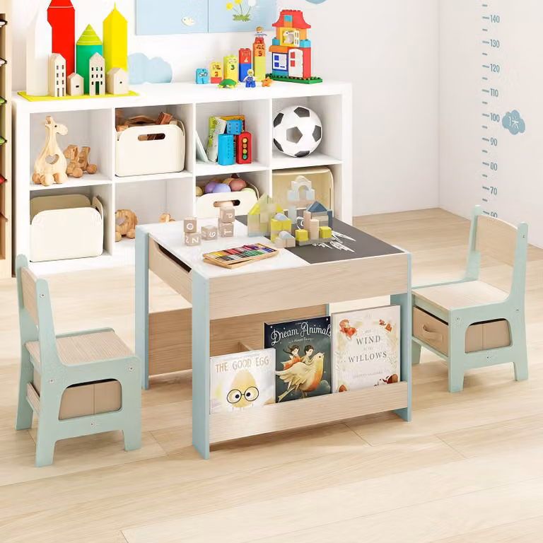 Costway Set tavolo attività in legno con piano doppia faccia e librerie laterali, Set tavolo mobili salvaspazio per disegnare Verde