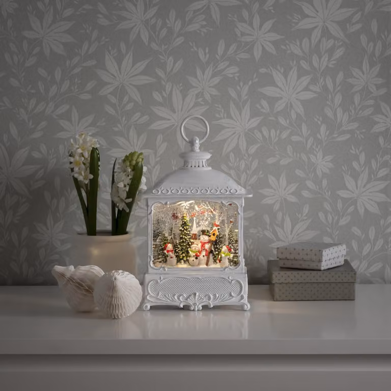 Lanterna LED con pupazzi di neve - riempita d'acqua - H: 30cm - timer - batteria - interno - bianco