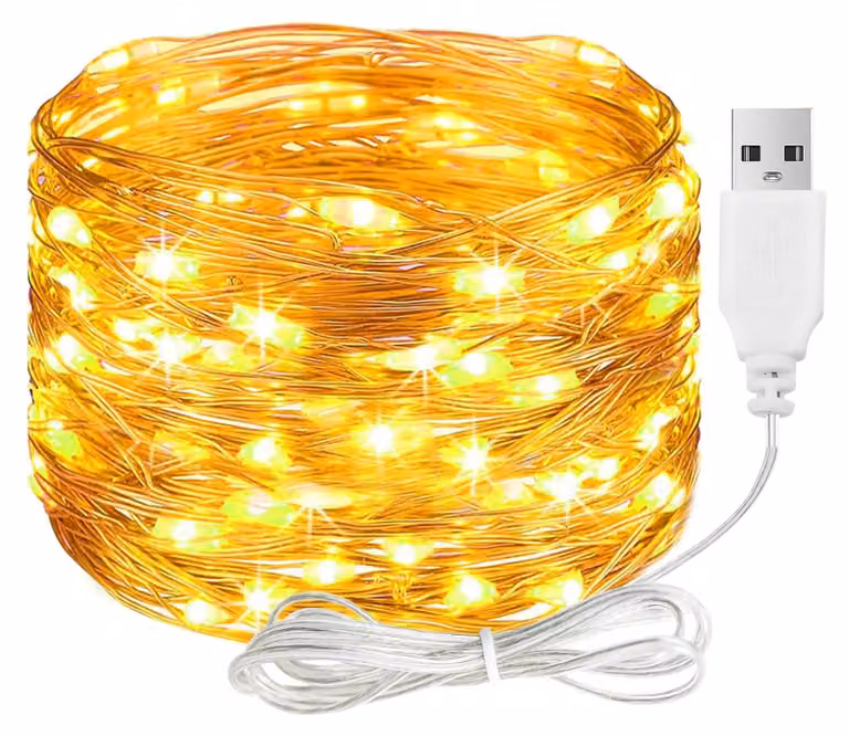 Catena luminosa da 5 metri, con 50 LED, filo di rame, luce bianco caldo, impermeabile, alimentazione USB