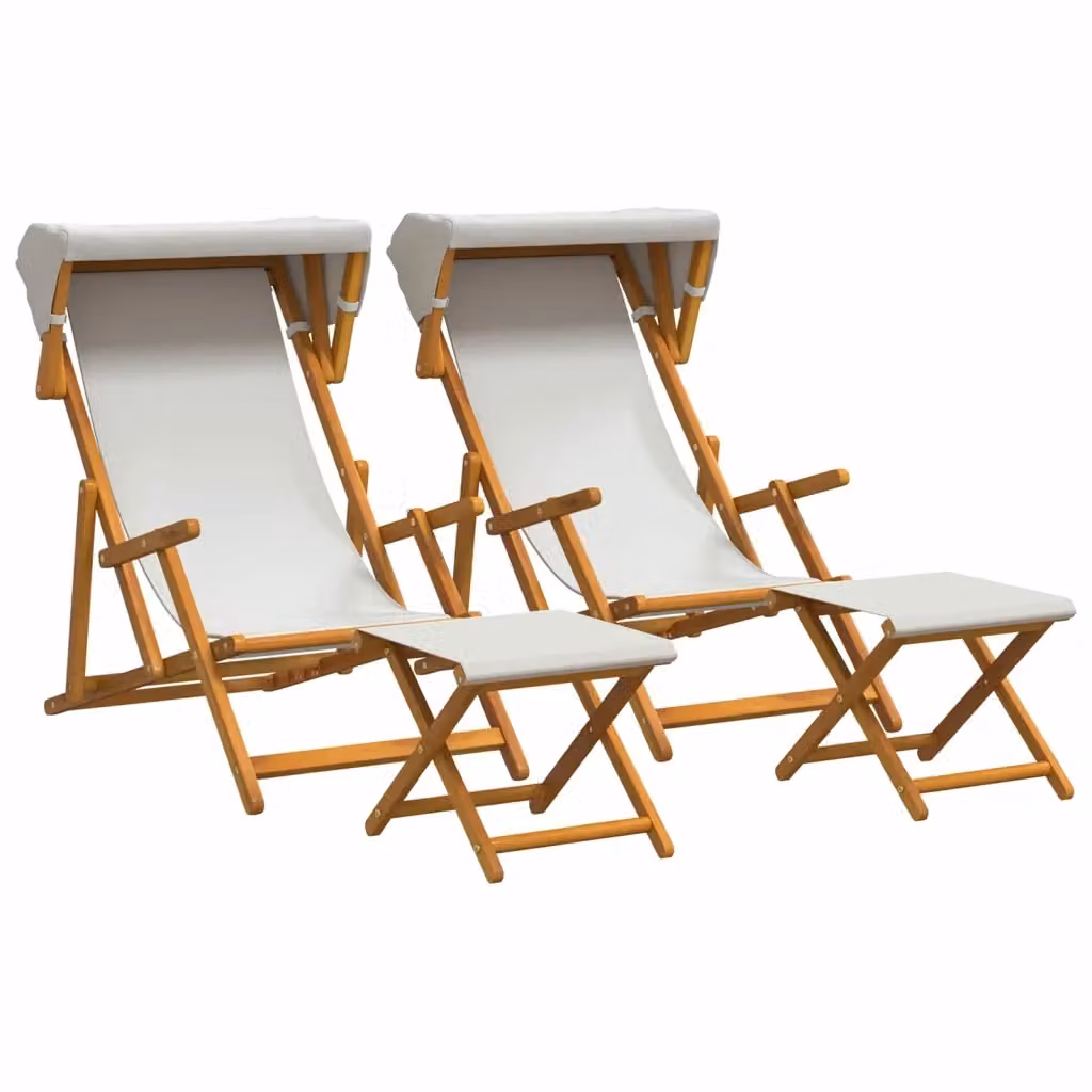 Set di 4 lettini prendisole vidaXL in legno di eucalipto con schienale regolabile e tessuto resistente beige e bianco per giardino e terrazzo – 2