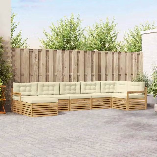Set di divani da esterno vidaXL a forma di L composto da 7 pezzi in legno di acacia con cuscini inclusi, colori bianco e beige – 1
