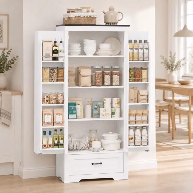 Dispensa alta con 2 ante cassetto e ripiani regolabili in MDF bianco rustico per cucina e soggiorno 80 × 35 × 183 cm