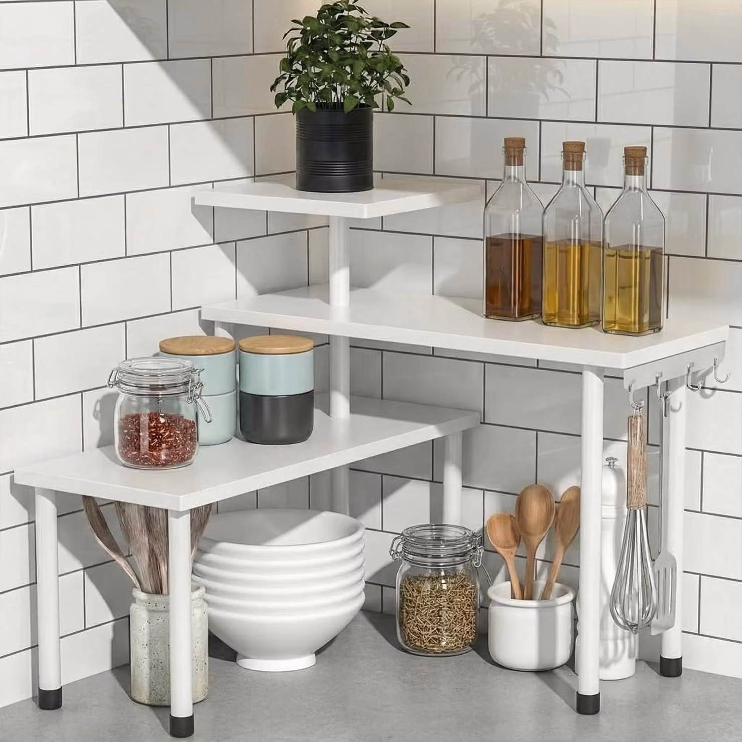 Scaffale angolare per la cucina, con 3 ripiani, regolabile, ideale per erbe aromatiche e spezie