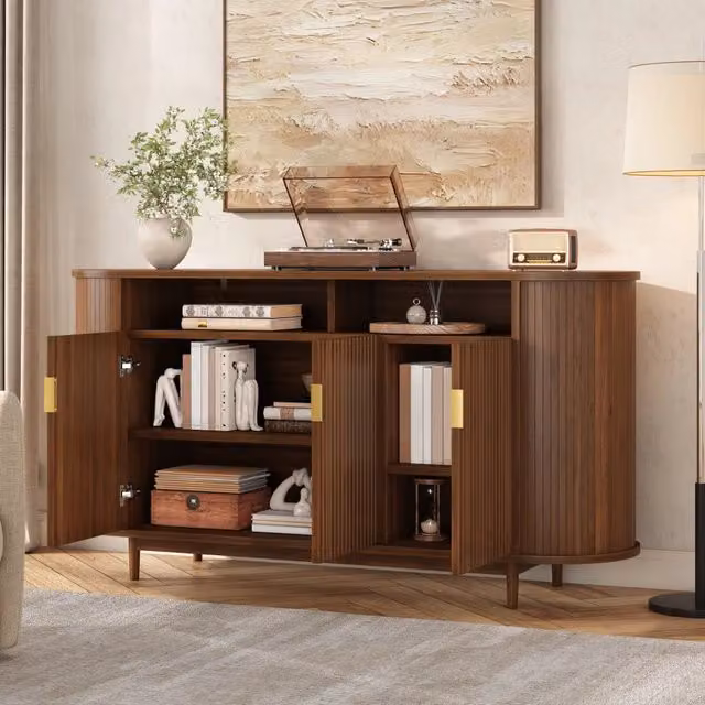 Credenza moderna con 3 ante e frontale a linee verticali in MDF e truciolare, color noce, L 140 x P 40 x H 78 cm