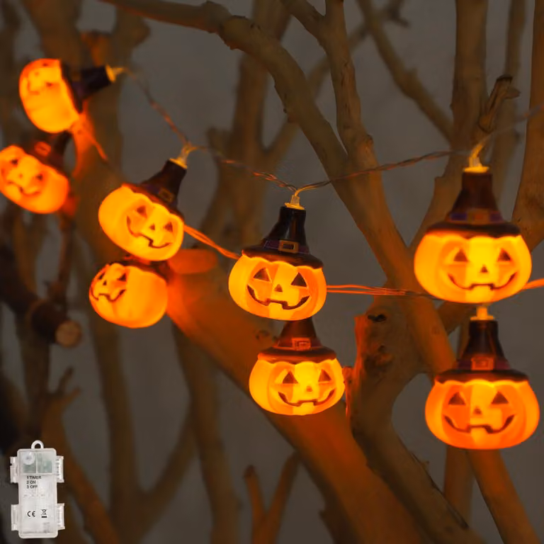 Catena luminosa per Halloween, lunghezza 1,5 metri, 20 LED, motivo zucca, con timer, impermeabile