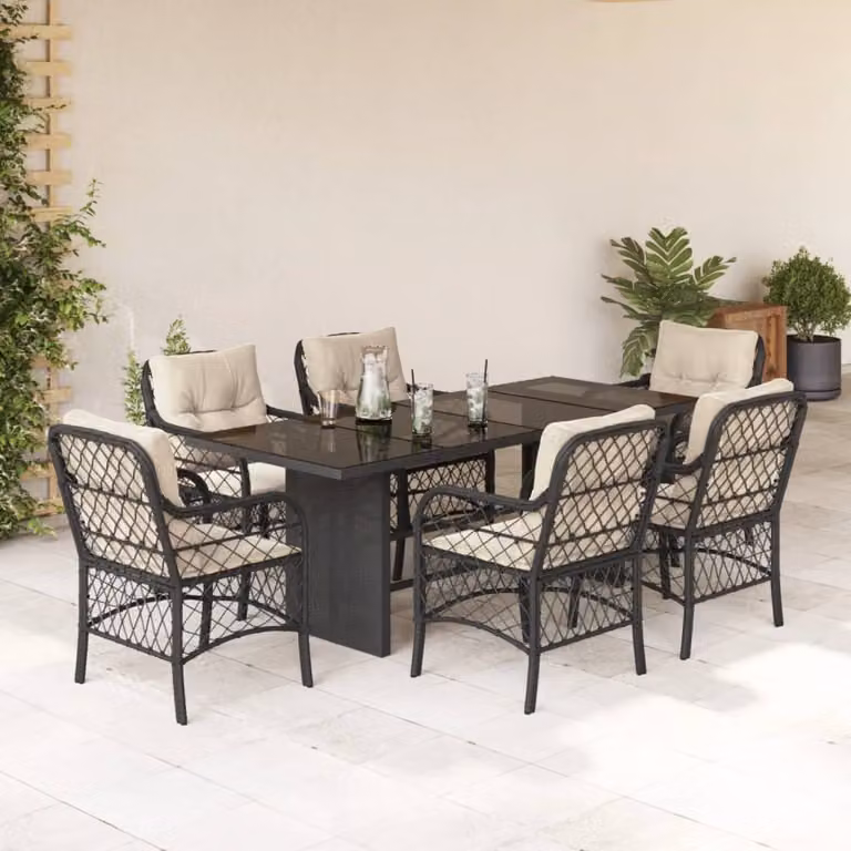 Set da Pranzo da Giardino vidaXL 7 pz in Polyrattan Nero con Piano in Vetro