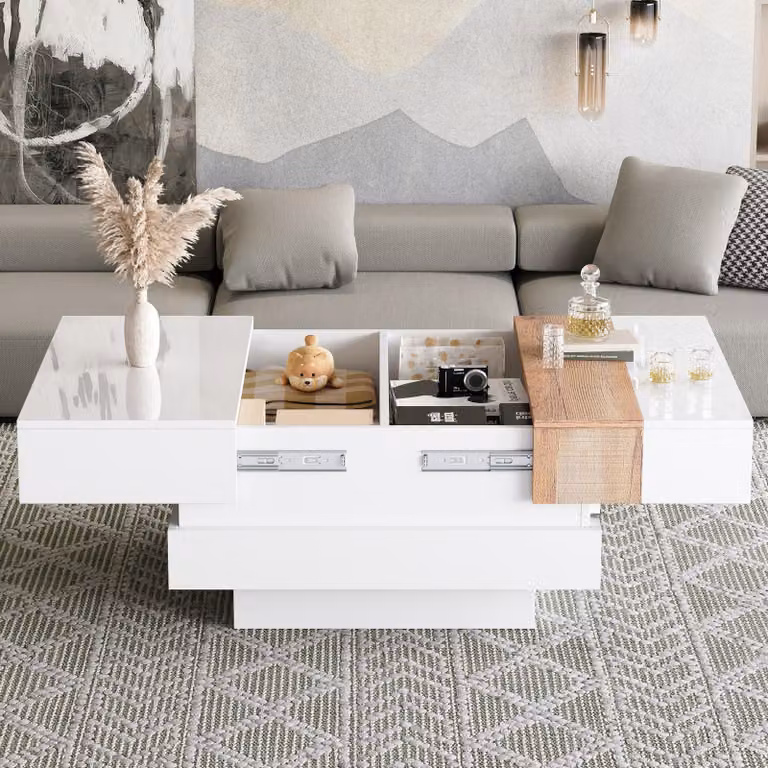 Tavolino da caffè, dimensioni 70 x 70 x 39 cm, realizzato in pannello di particelle di legno al 100%, colore bianco e finitura effetto legno naturale, con piano estendibile e vano contenitore nascosto