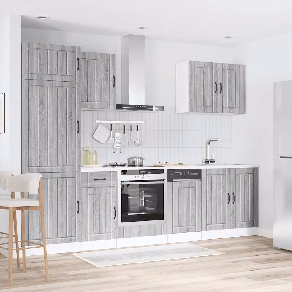 Set di mobili da cucina vidaXL Lucca composto da 7 pezzi in stile moderno, colore grigio Sonoma, realizzato in legno e MDF, L/P/H: 207 x 60 x 57 cm