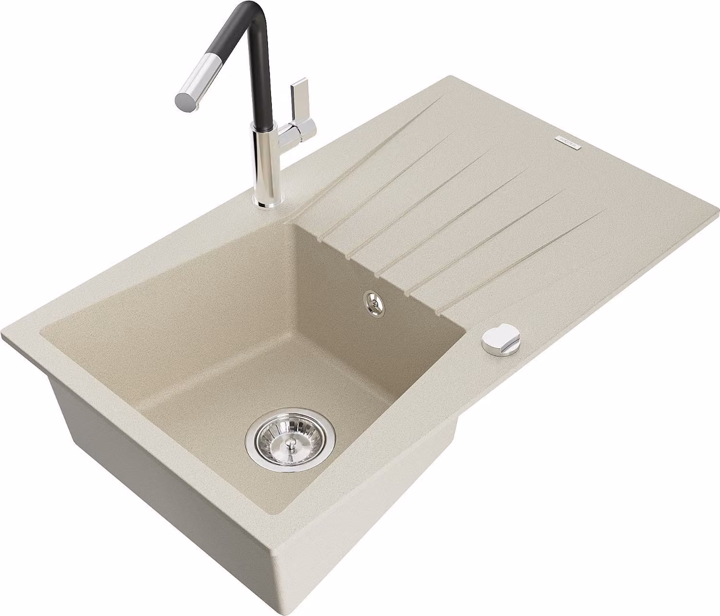 Mexen Cesar lavello da cucina in granito 1-vasca con scolapiatti e rubinetto Flora, beige - 6514-69-670401-07