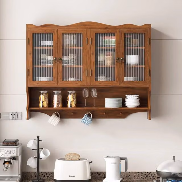 Armadietto a parete Minimal con 4 ante in legno e vetro marrone per cucina e bagno