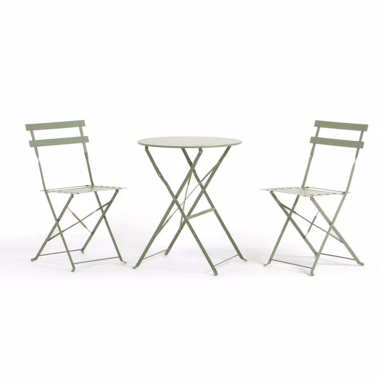 Set da balcone con tavolo pieghevole Ø60 cm e 2 sedie pieghevoli in metallo - design moderno, compatto e robusto per balconi, patii, verande, bar e bistrot - DIEGO + FRIDA - Pistacchio