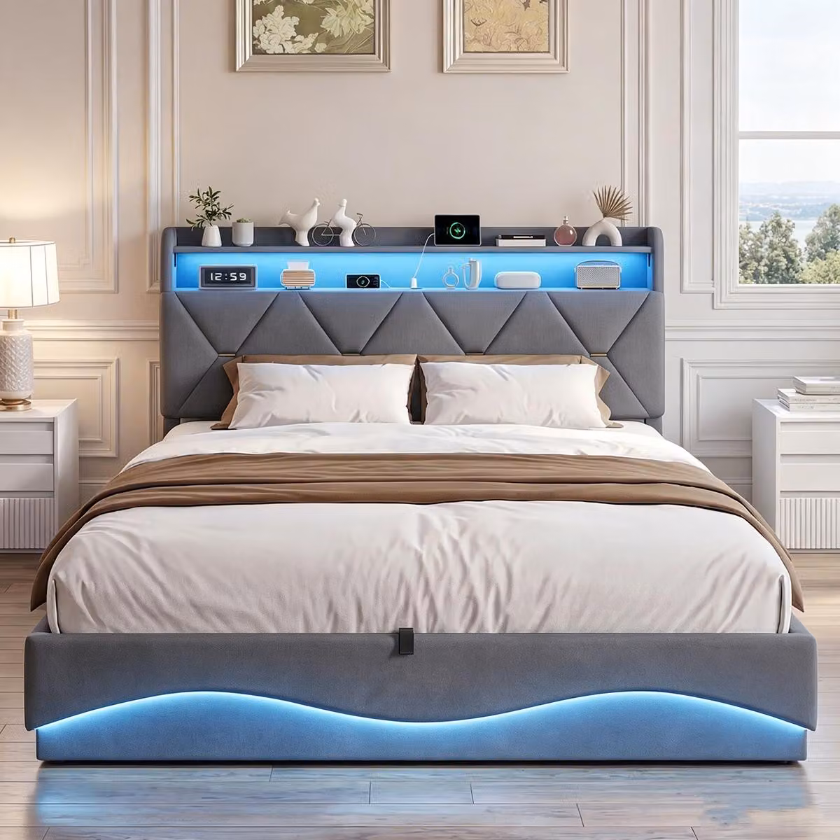 Letto contenitore con boxspring, imbottito, 160x200 cm, con LED e USB/C. Letto a sollevamento idraulico per bambini, con spazio contenitore. Struttura del letto matrimoniale con rete a doghe, rivestito in velluto, colore grigio
