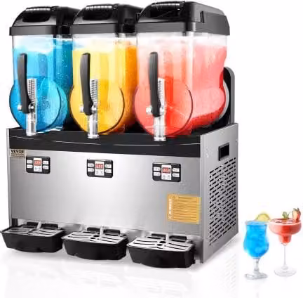 Macchina per bevande ghiacciate commerciale VEVOR in acciaio inox color argento con triplo serbatoio da 12 l ciascuno e compressore per smoothie e cocktail
