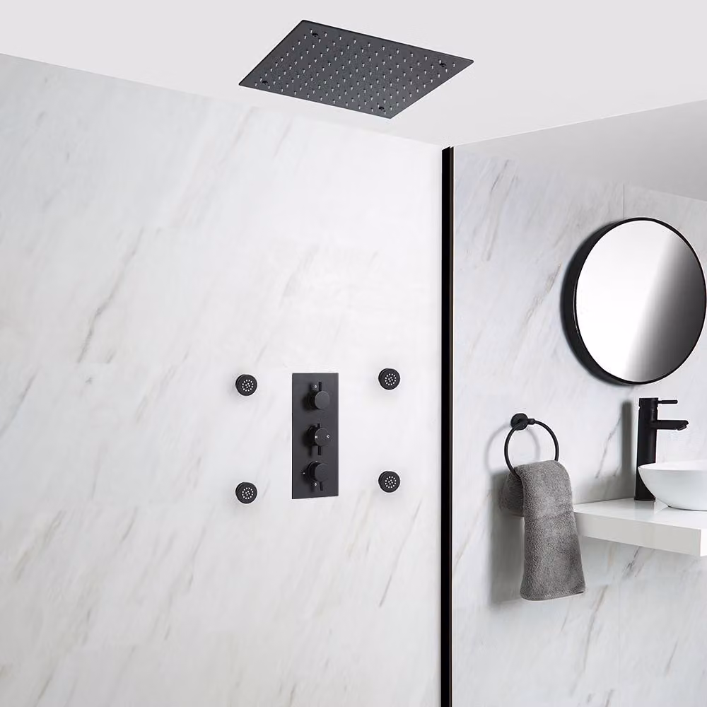 Sistema Doccia Termostatico Nero con Soffione Quadrato Incassato da 400mm e Idrogetti (2 Vie) - Nox