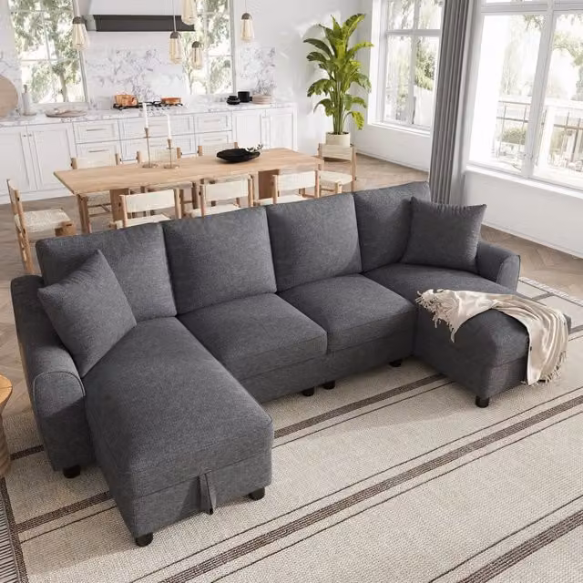 Divano panoramico a U Mivray in tessuto grigio con due chaise longue contenitore e due cuscini, H: 137 cm, L: 280 cm, P: 84 cm