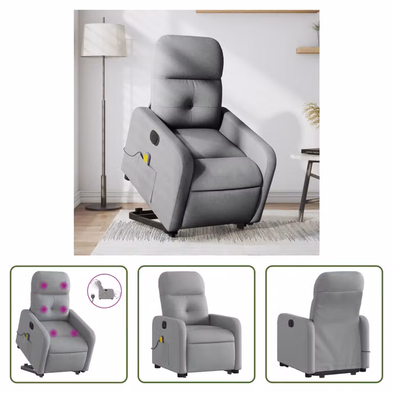 The Living Store Poltrona massaggiante elettrica con ausilio per la posizione eretta Tessuto grigio chiaro