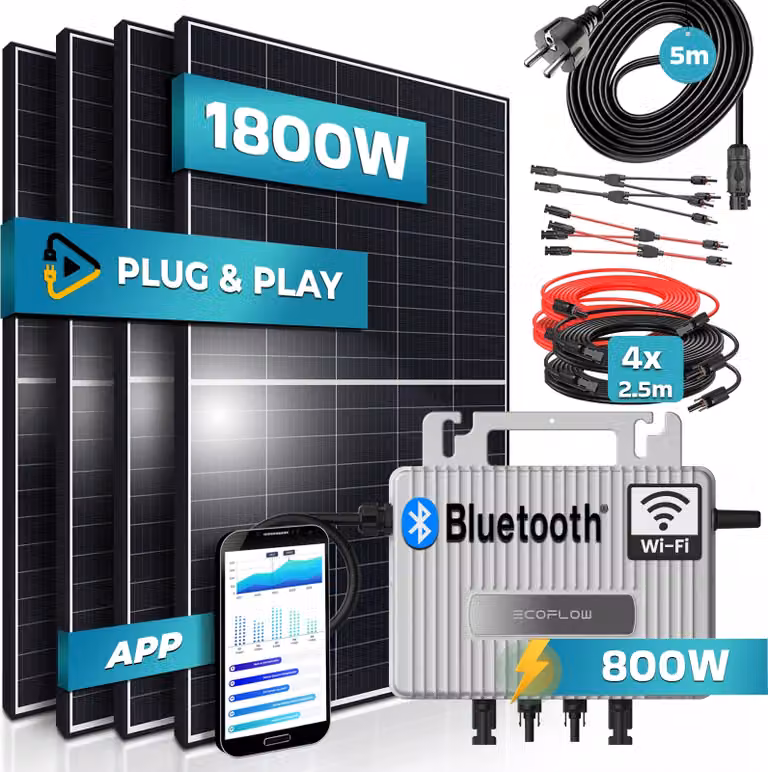 SUNNIVA® Centrale elettrica da balcone 1800W Presa completa 800W - Inverter Ecoflow 800W - Sistema solare fotovoltaico - Moduli solari 4x450W - Cavo 5m - WIFI
